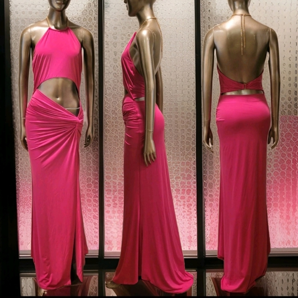 NWT Hot Pink Barbiecore Cut Out Chain Detail Backless High Cut Maxi Dress Sz M
